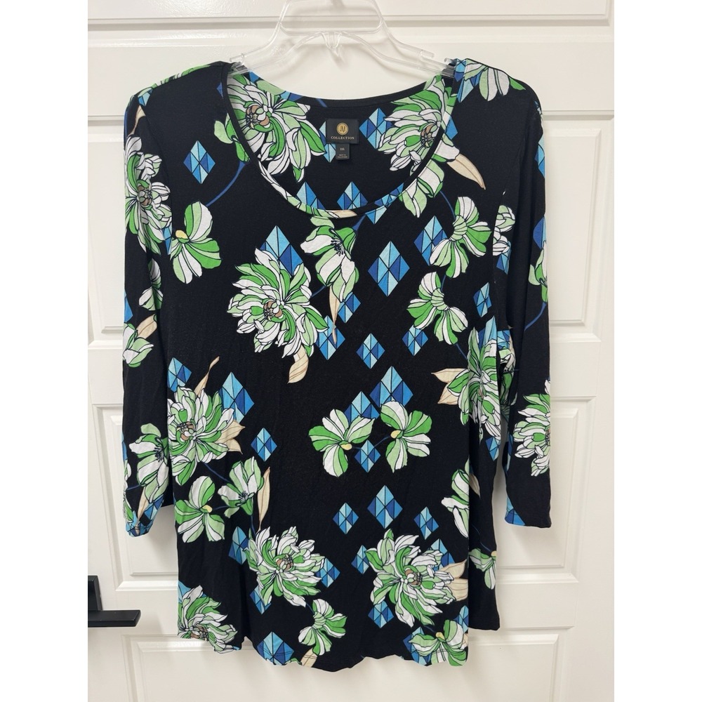 JM Collection XXL Blouse Top Pullover Blue Green Floral Tunic Stretch Women 2XL